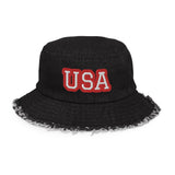 CUSTOM DISTRESSED DENIM BUCKET HAT • USA STYLE FONT • 1 •