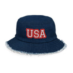 CUSTOM DISTRESSED DENIM BUCKET HAT • USA STYLE FONT • 1 •