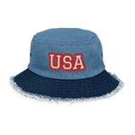 CUSTOM DISTRESSED DENIM BUCKET HAT • USA STYLE FONT • 1 •