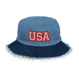 CUSTOM DISTRESSED DENIM BUCKET HAT • USA STYLE FONT • 1 •