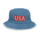 CUSTOM DISTRESSED DENIM BUCKET HAT • USA STYLE FONT • 1 •