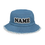 CUSTOM NAME • DISTRESSED DENIM BUCKET HAT • ADD ANY NAME/WORD/YEAR/DATE/AGE/NUMBER